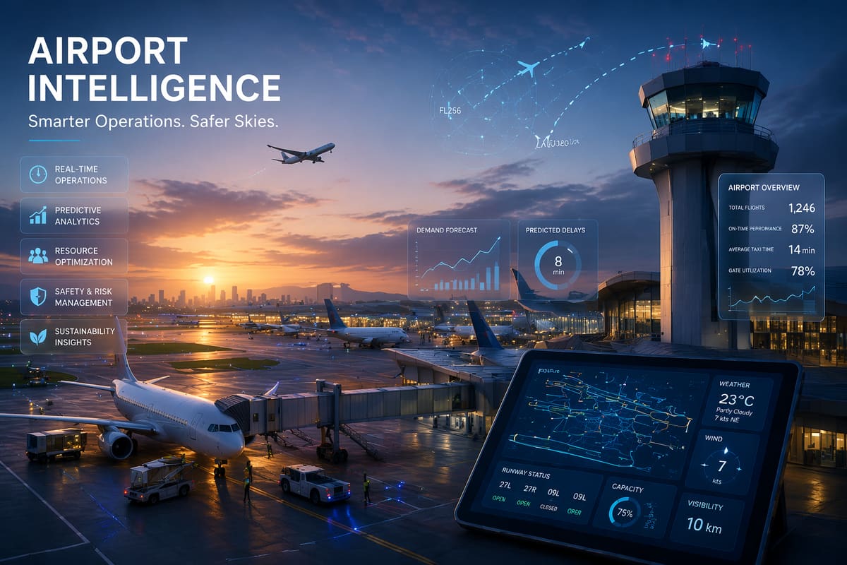Airport data visualisation showing runway geometry, thresholds, and terminal layout