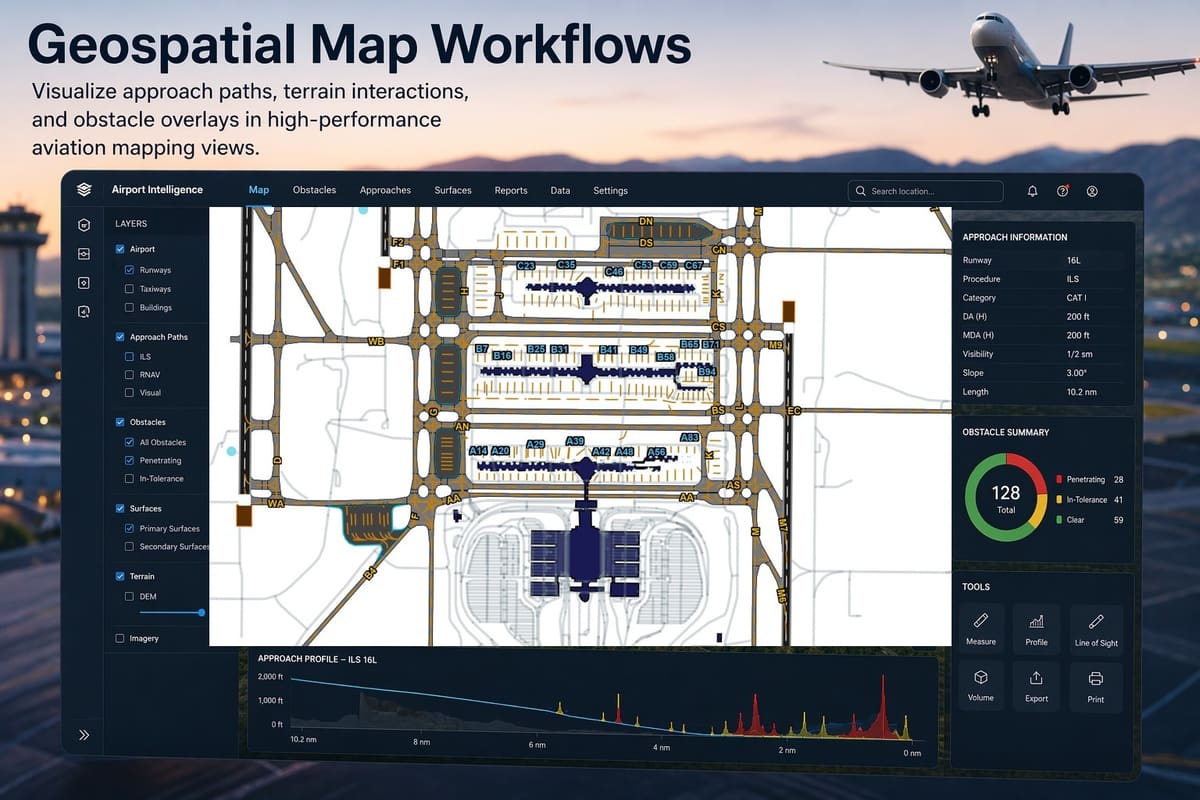 Aviation map view with approach paths and obstacle overlays